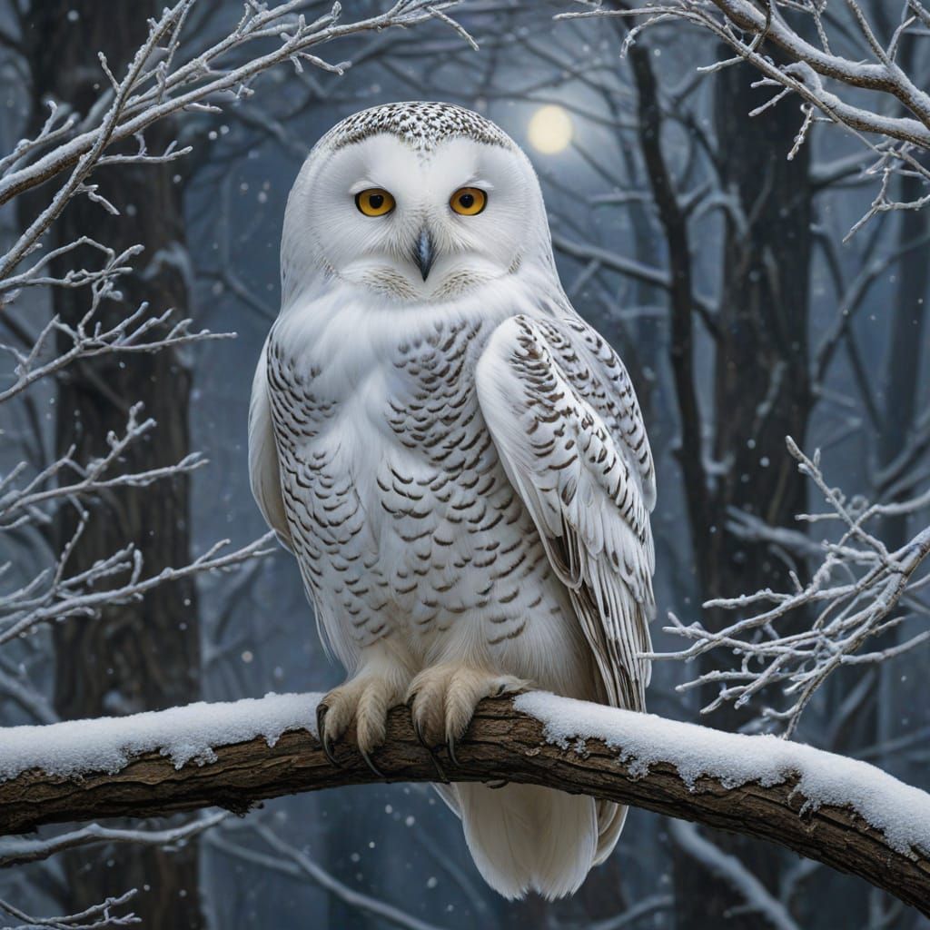 Majestic Snow Owl in Starlit Winter Forest