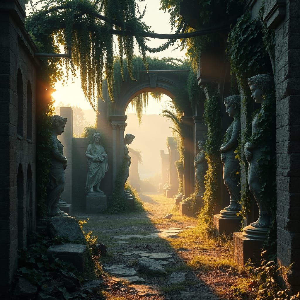 Ethereal Sunrise in Abandoned Vineyard Ruins