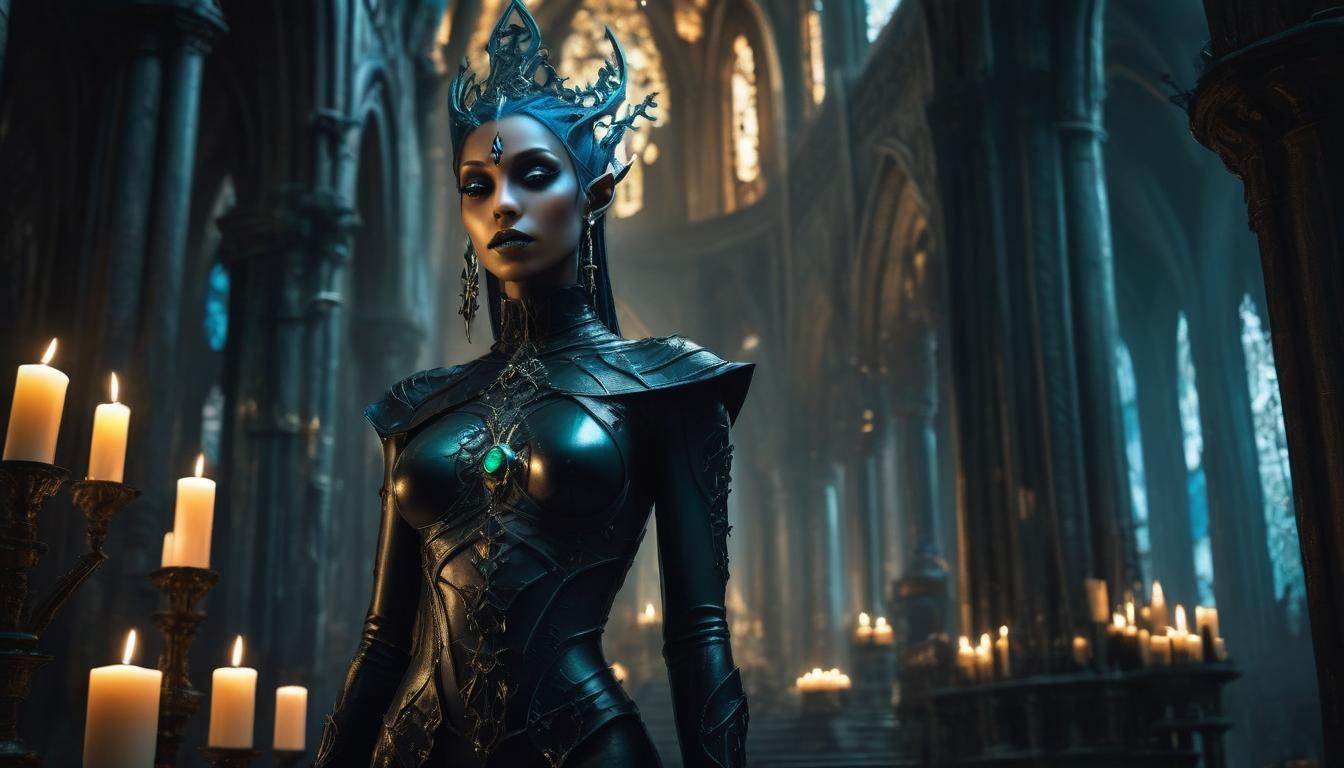 Dark Elf Priestess in Gothic Cathedral Concept Art