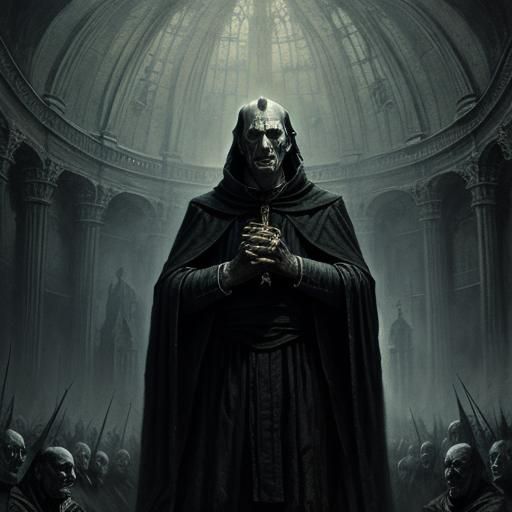 Eerie Priest in Engraving Horror Style