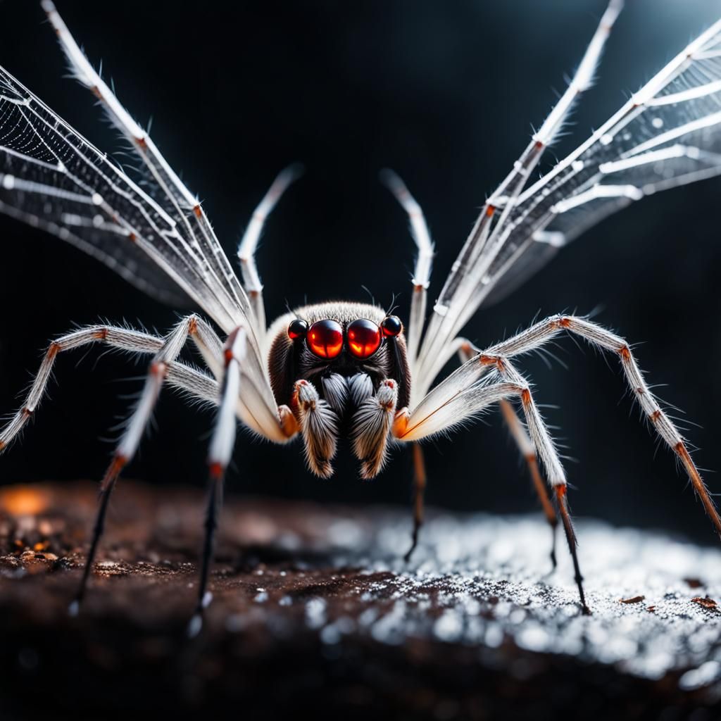 Scary Spider with big translucent wings, winged spider, red eyes staring at you. Old backstreet. Epic, cinematic, realis...