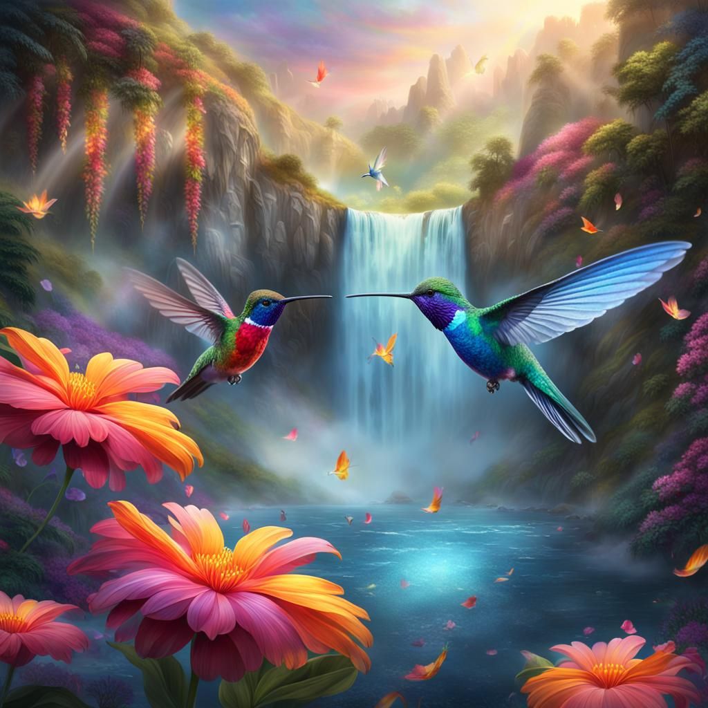 Hummingbird Shimmers Among Colorful Flowers and Waterfall