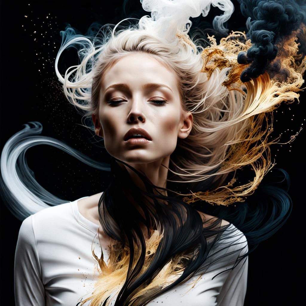 Liquid Woman Dissolving into Swirling Smoke