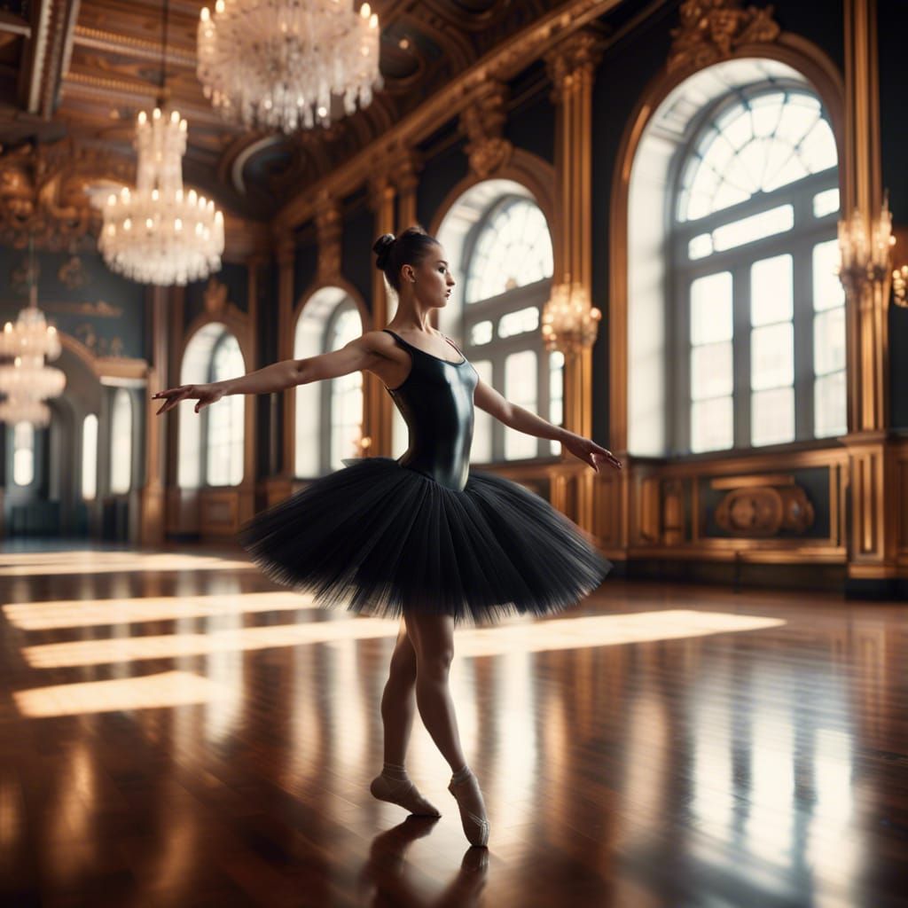 Ballerina in Latex Leotard Dances in Ballroom