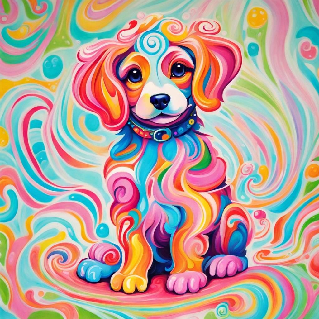 Puppy in Candyland Wonderland Gouache Art