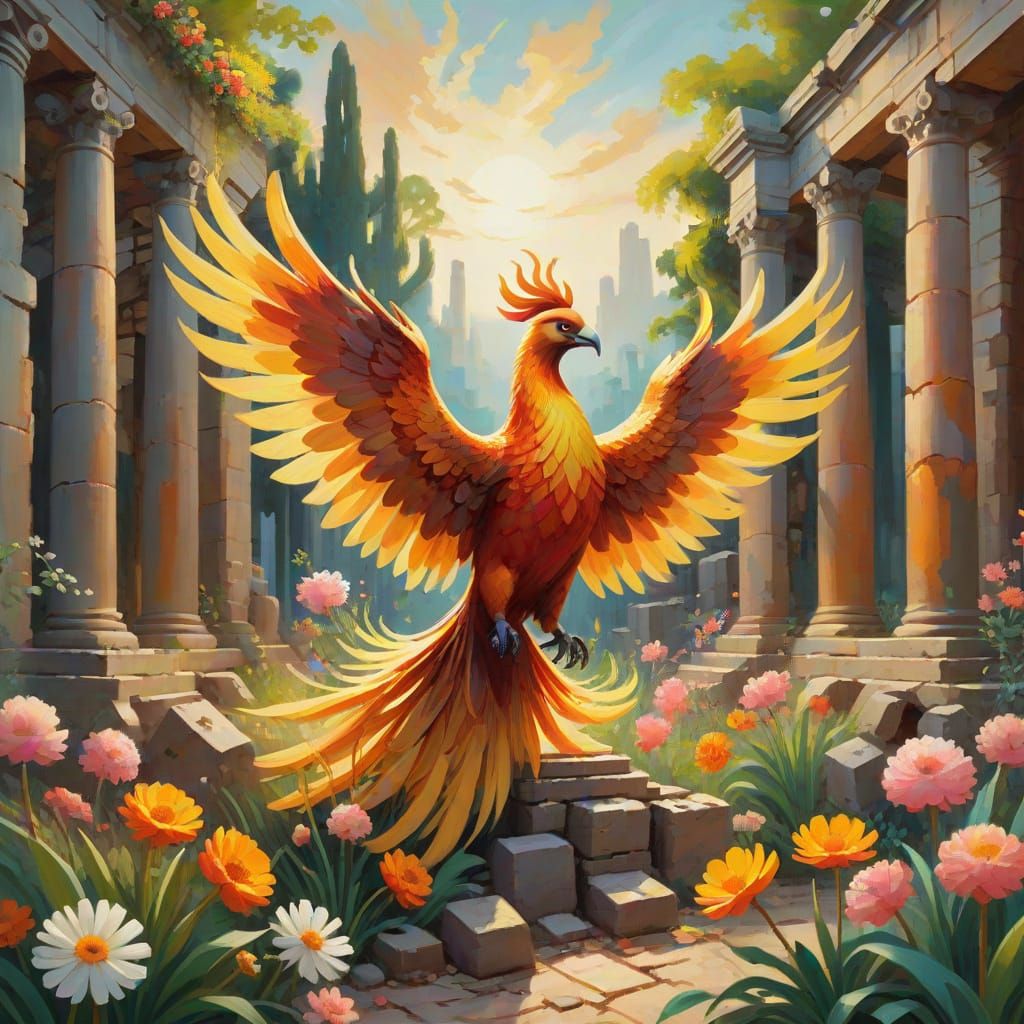 Phoenix Rises from Ruins in Vibrant Impressionist Masterpiec...