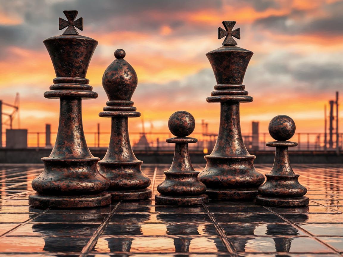 Rusted Chess Pieces in Warm Orange Haze