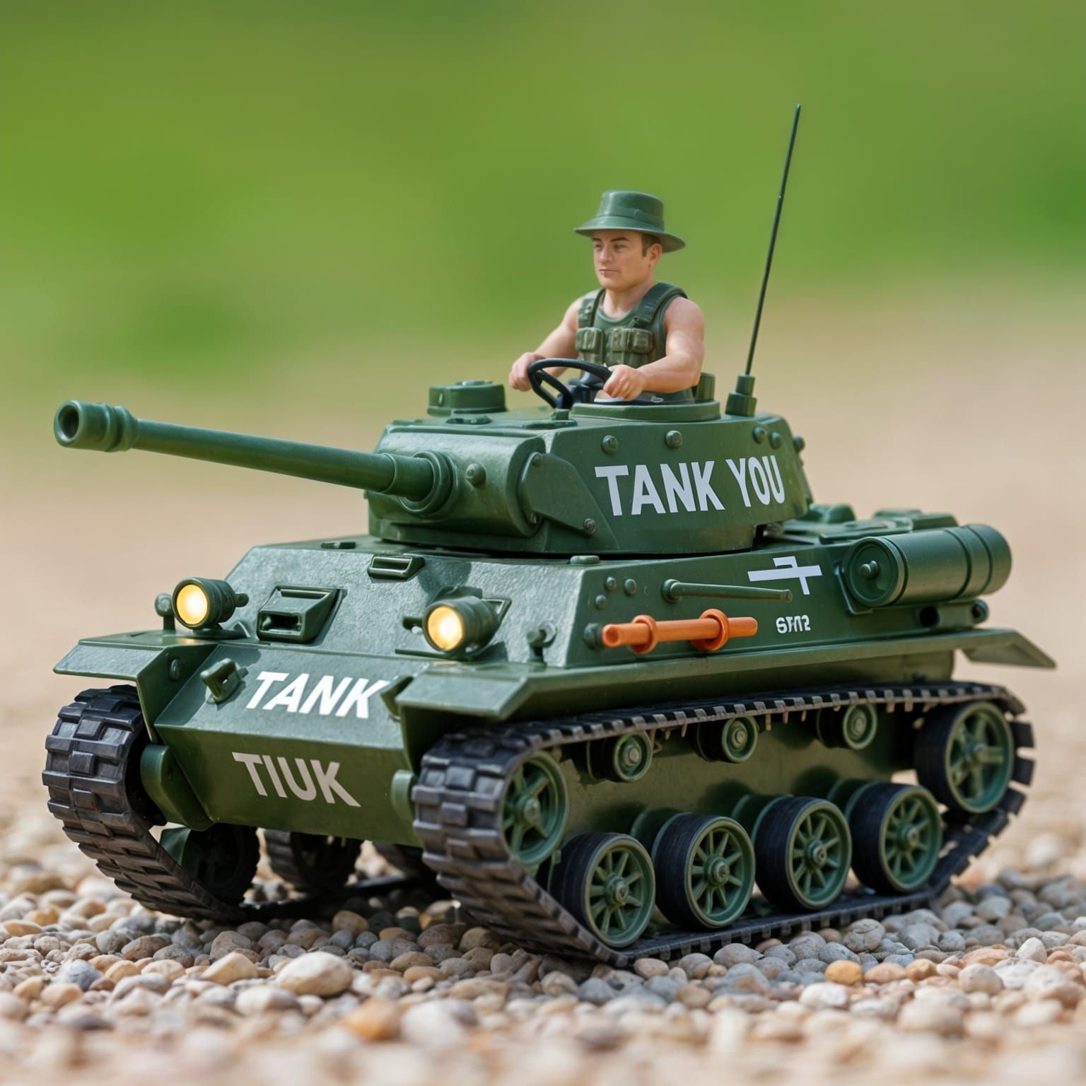 Tiny Tank with Man Driving, Says 'Tank You'