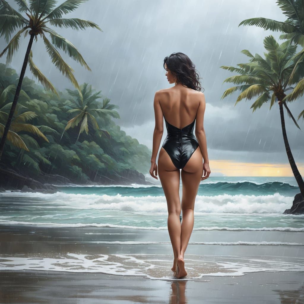 Rainy Beach: Sensual, Hyperrealistic Back View