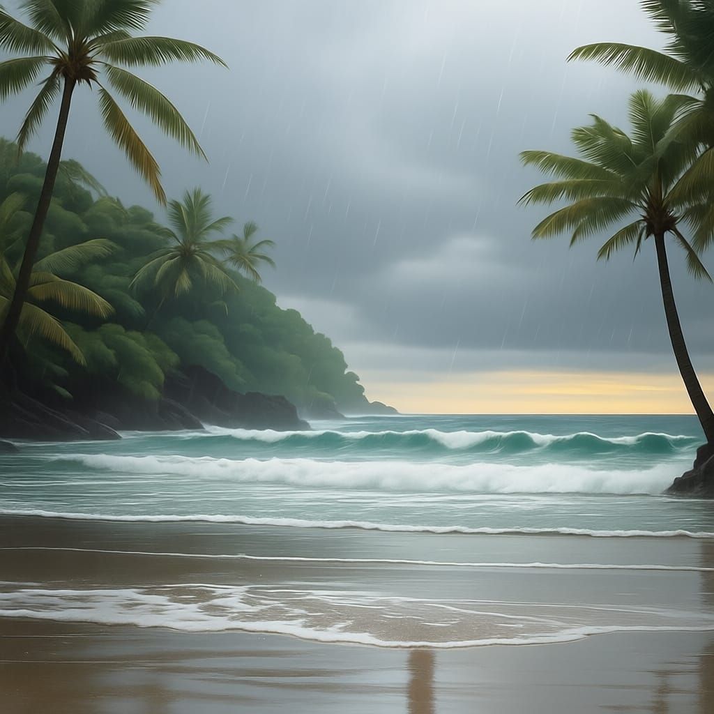 Sensual Woman on Beach During Rainstorm