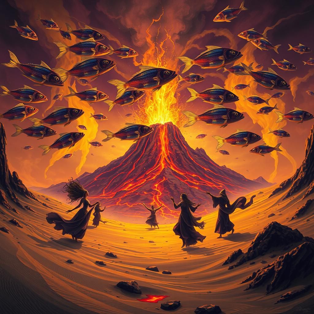 Volcano Eruption in Desert with Flying Fish