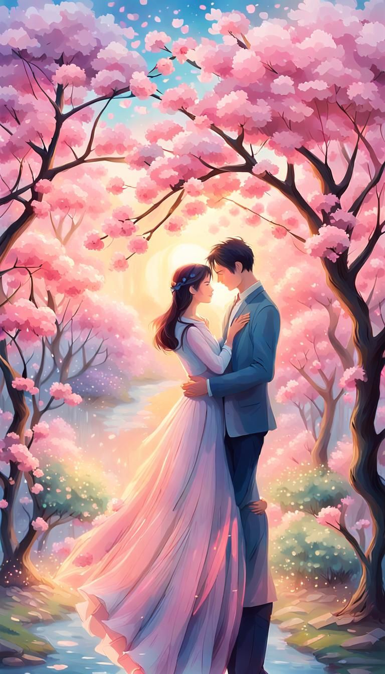 Romantic Couple Under Cherry Trees: Impressionist Oil Painti...