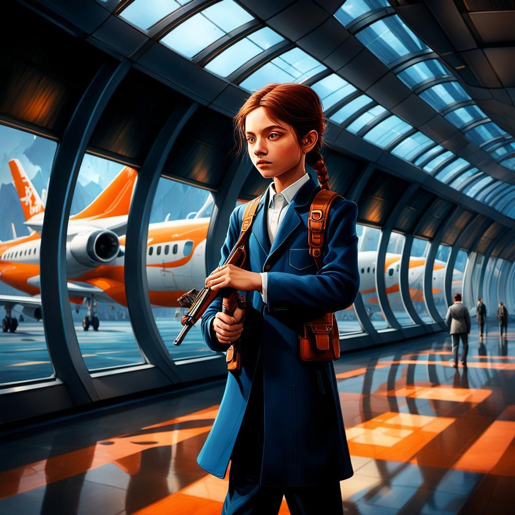 Futuristic Airport Scene with Orthodox Jewish Boy