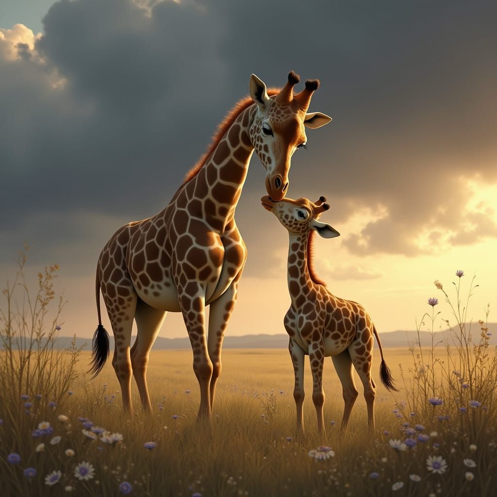 Gentle Mama Giraffe Kissing Her Curious Calf on the Serene P...