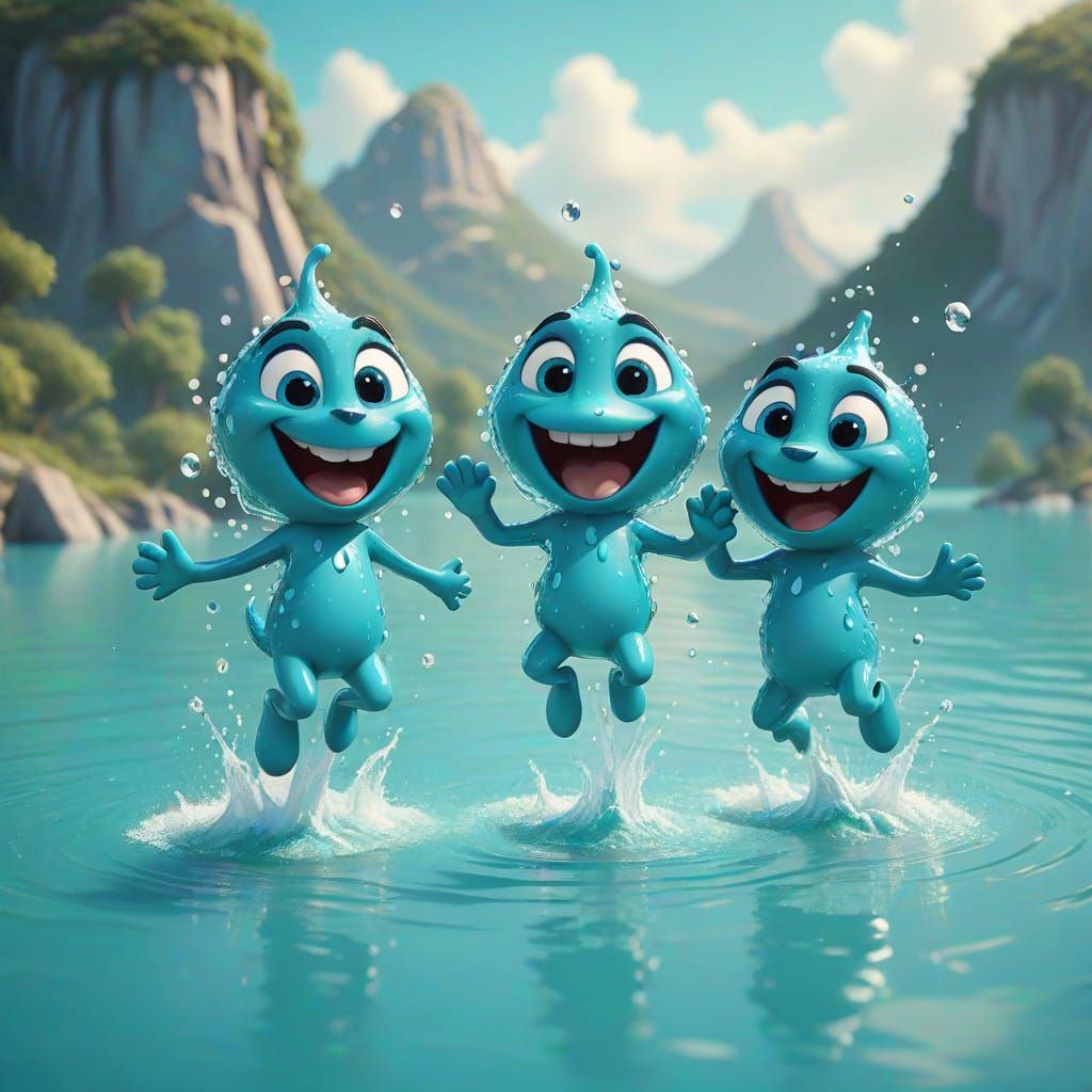 Happy Water and Mercury Drops in Disney Pixar Style