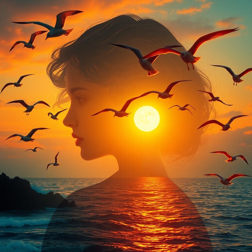 Seagulls and Woman's Silhouette in Art Nouveau Style