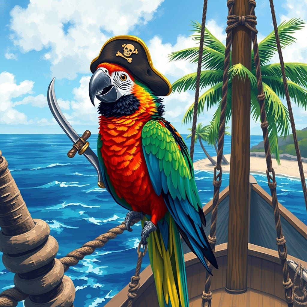 Pirate Parrot Commands Tropical Ship, Painterly Style