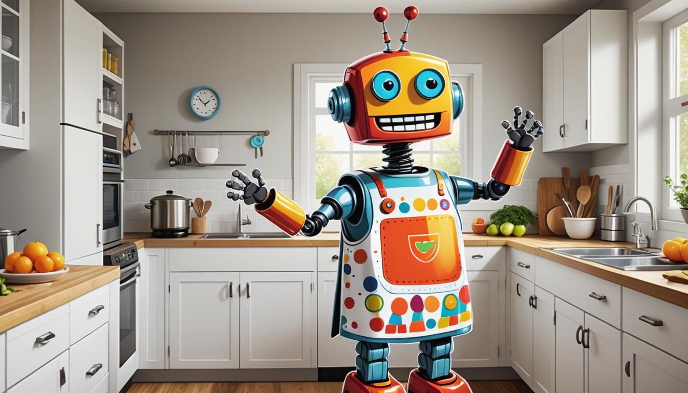 Happy Kitchen Robot in Cartoon Ink Style