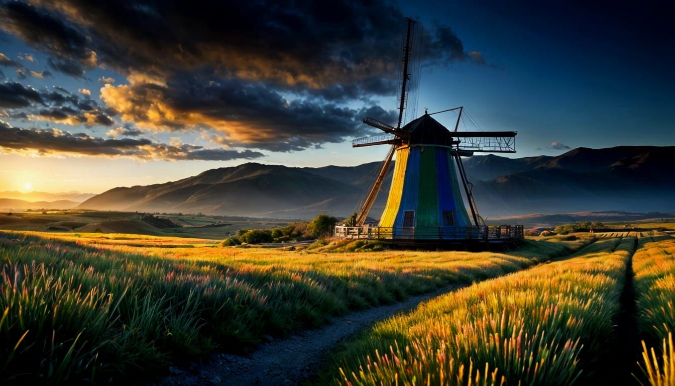 Night Windmills Under Nebula Sky in Hyperrealism
