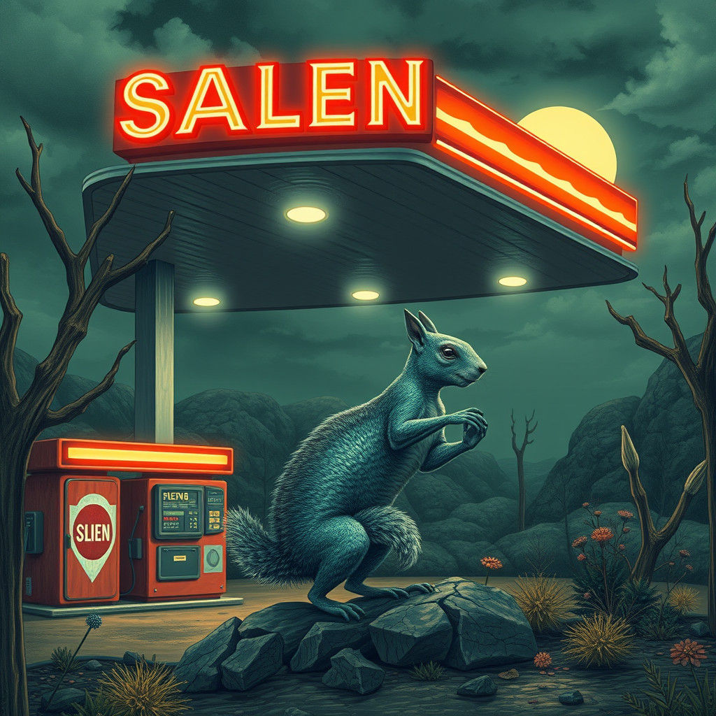Alien Squirrel at Gas Station in Abstract Style