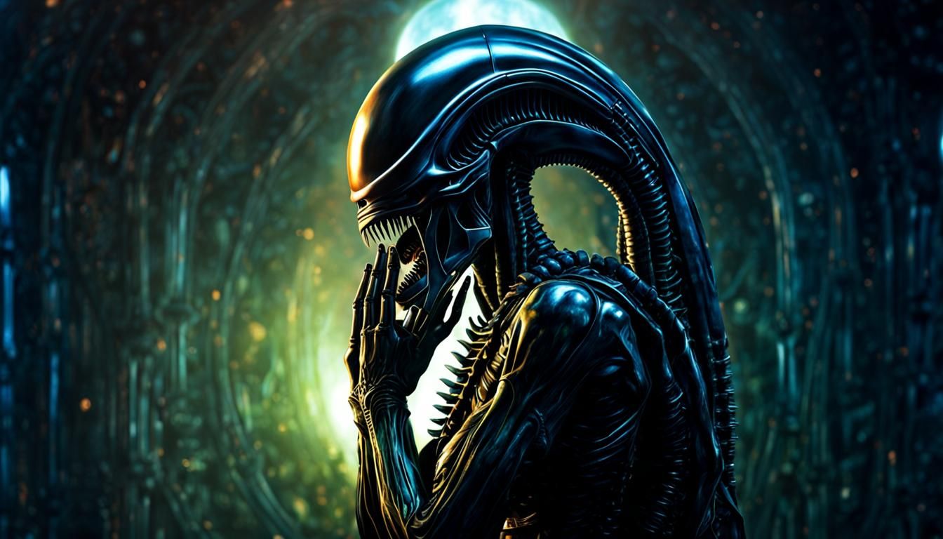 Xenomorph Praying: Hyperrealistic Concept Art