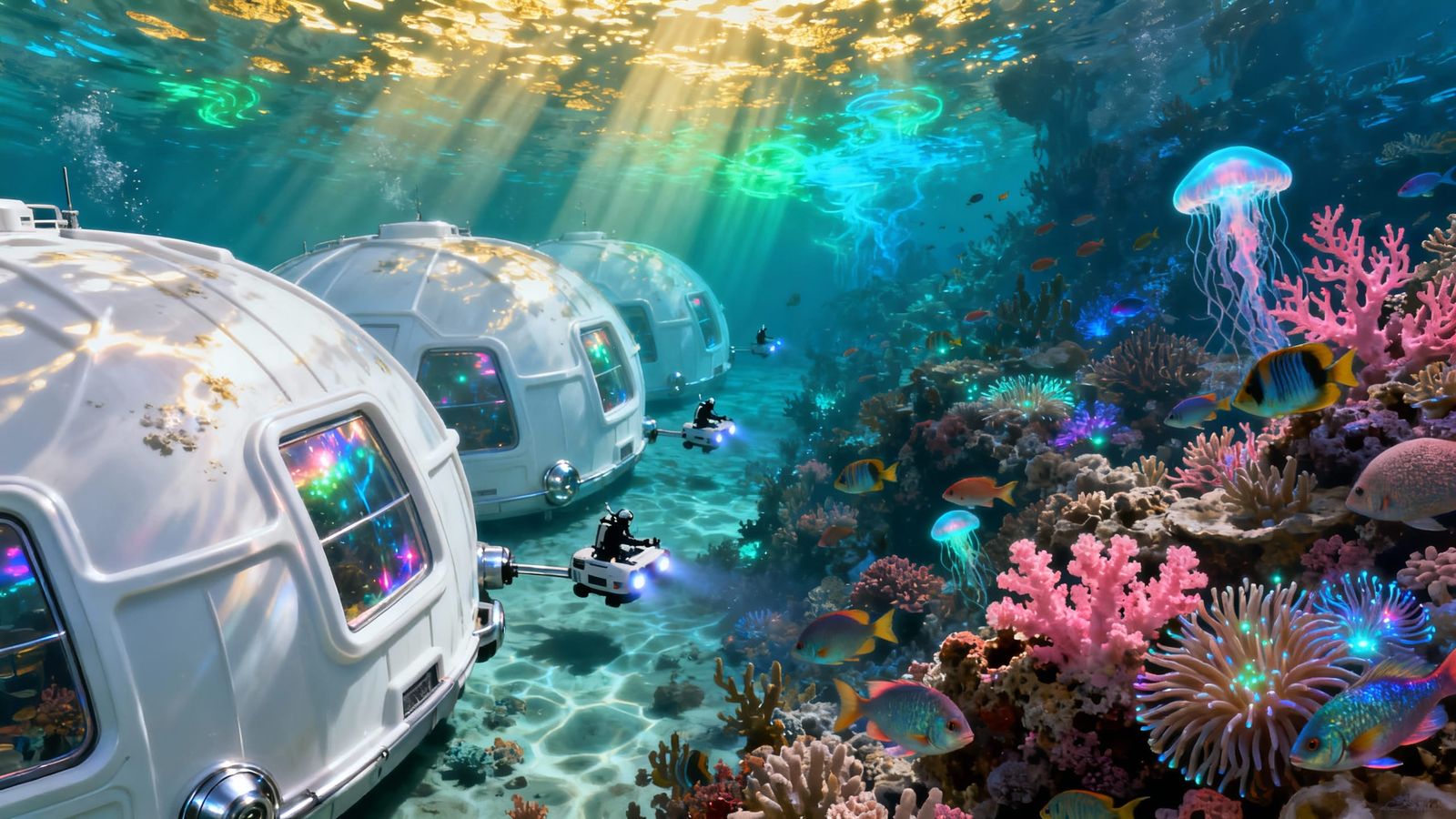 Underwater City & Coral Reef in Luminous Digital Painting