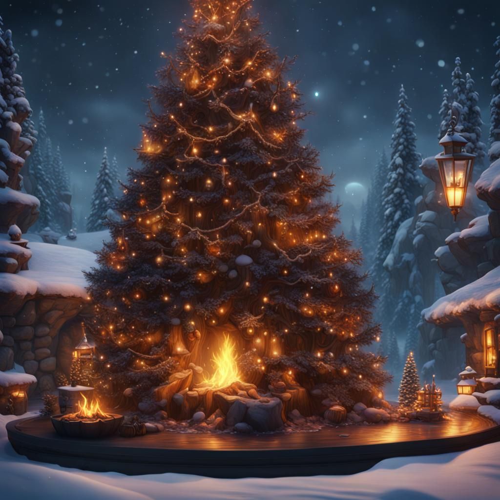 Christmas Tree with DJ Cat in Snowy Scene