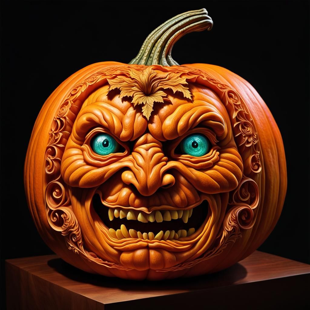 Intricate Carved Pumpkin Radiates Beauty in Hyperdetailed Fa...