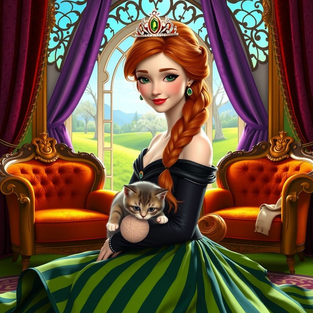 Queen Anna Portrait with Kitten, Art Nouveau Style