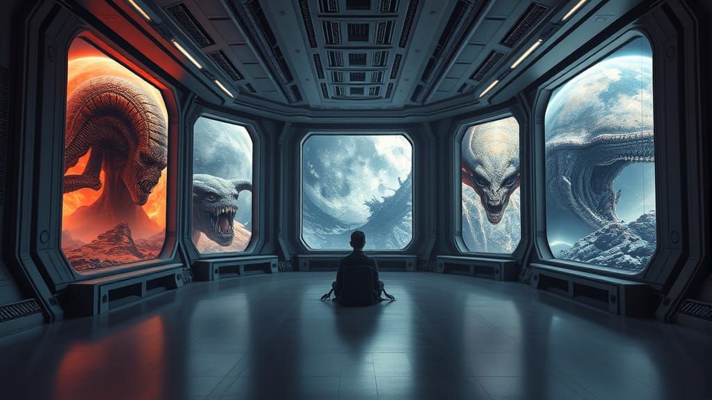 Epic Sci-Fi Room with Command Console and Alien Worlds