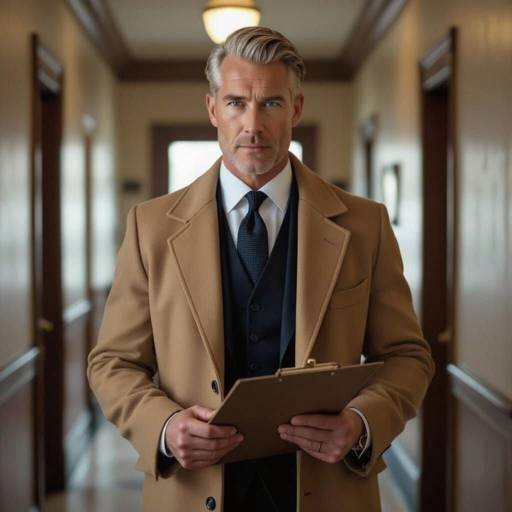 Man in 1930s Hallway, Holding Clipboard