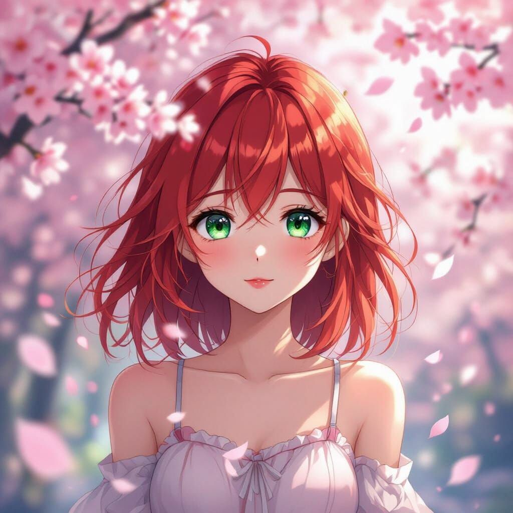 Anime Girl with Red Hair and Green Eyes Amidst Cherry Blosso...