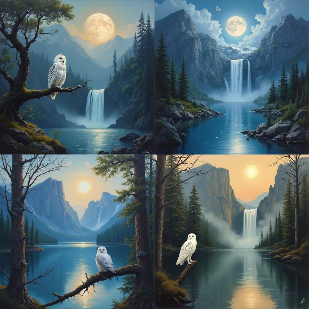White Owl Over Moonlit Waterfall: Oil Painting