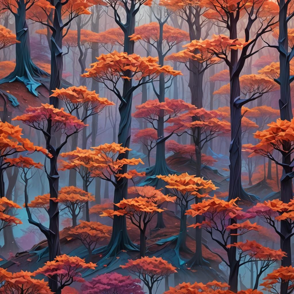 Origami Fall Trees in Misty Forest