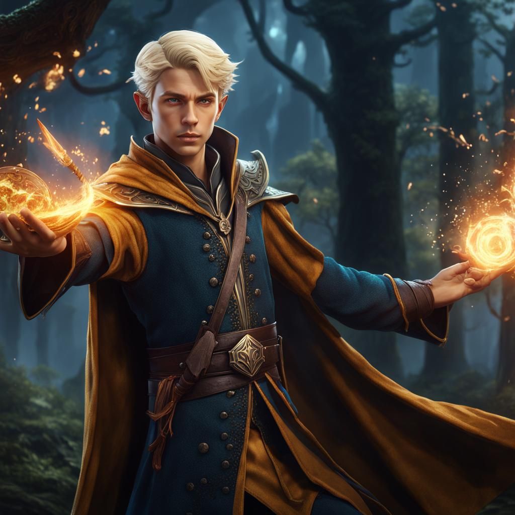 Young Half-Elf Wizard Casting Spell, Fantasy Art