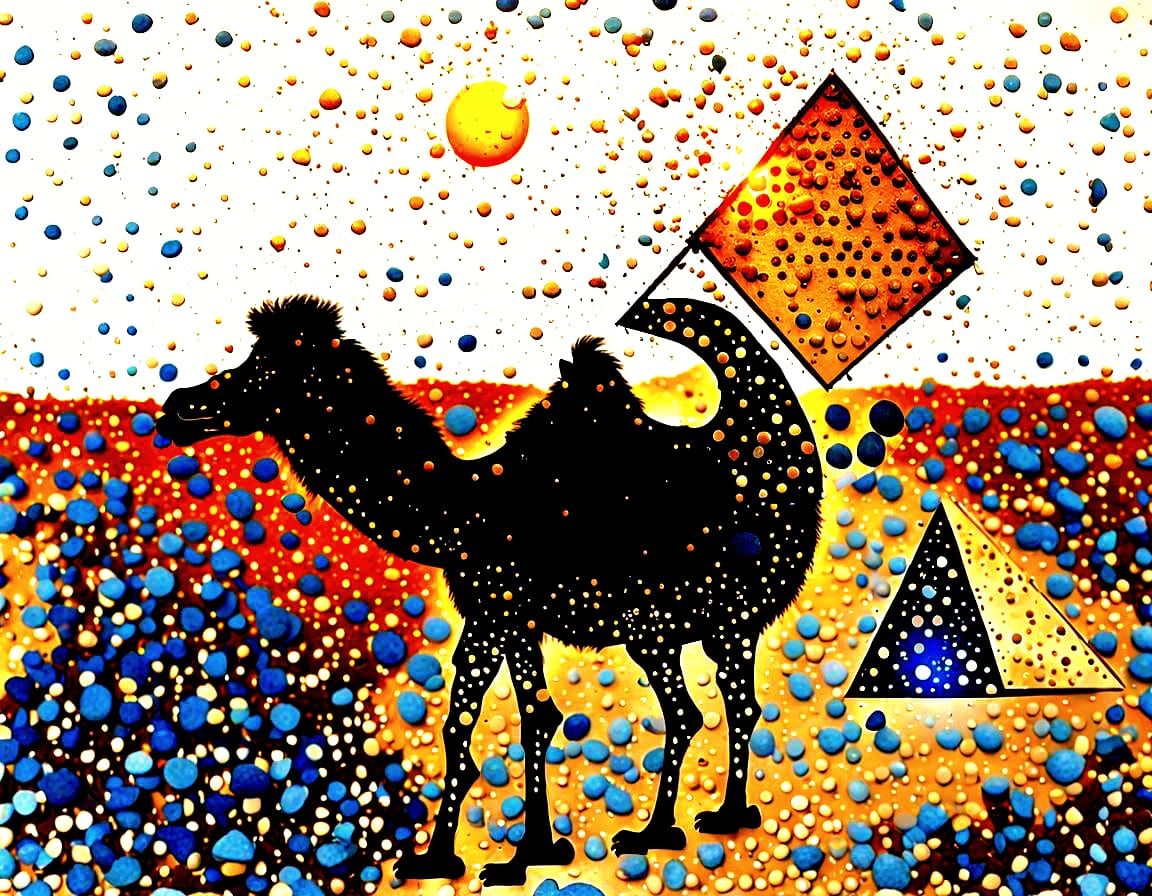 Camel Silhouette and Pyramids in Plastic Vignette Style