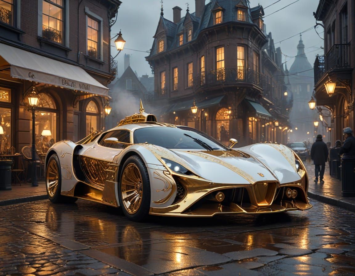 Retro-Futuristic Steampunk Hypercar in Golden Dawn