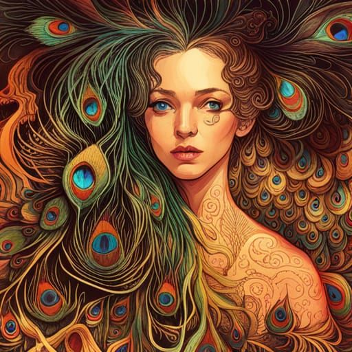 Detailed Peacock with Golden Outlines Digital Painting