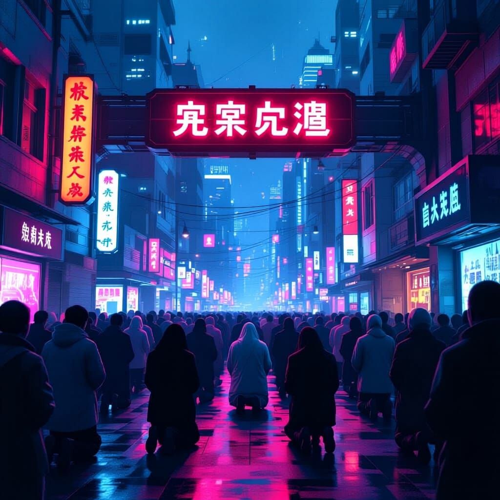 People Worship Neon God in Subway