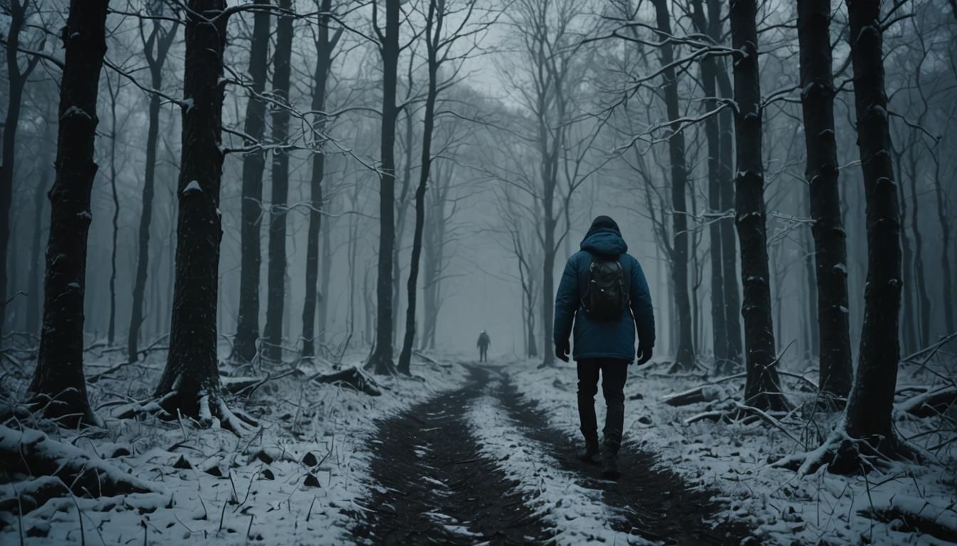 Snowstorm in Dark Forest: Cinematic Still