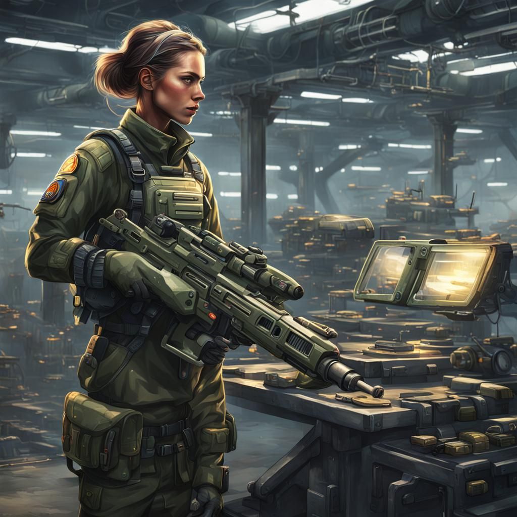 female military equipment depot mechanic futuristic