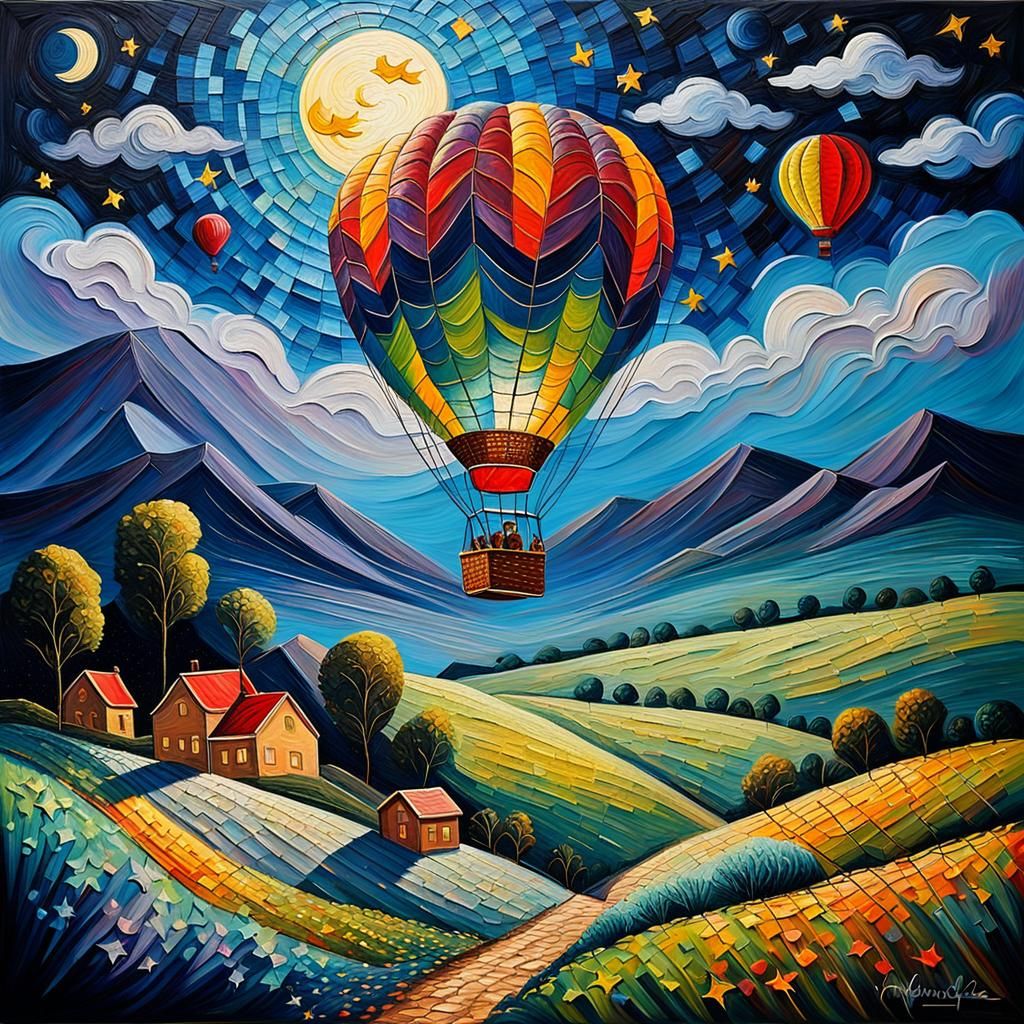 Moonlit Hot Air Balloon in Expressionist Style