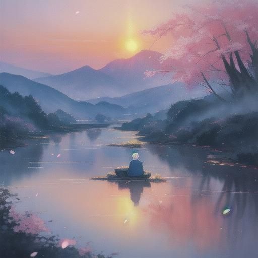 Anime Boy Watching Sunrise Over Misty Mountains