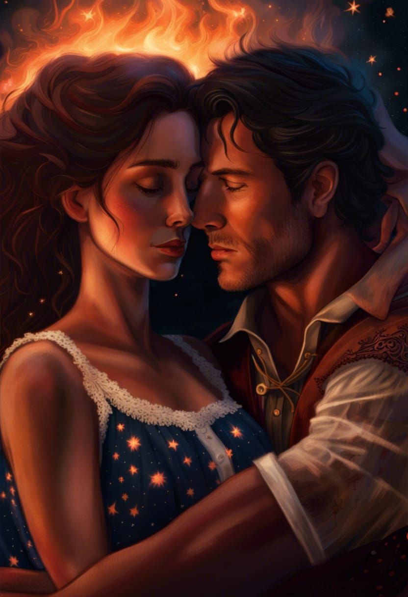 Cowboy Couple's Romantic Campfire Under Starry Sky