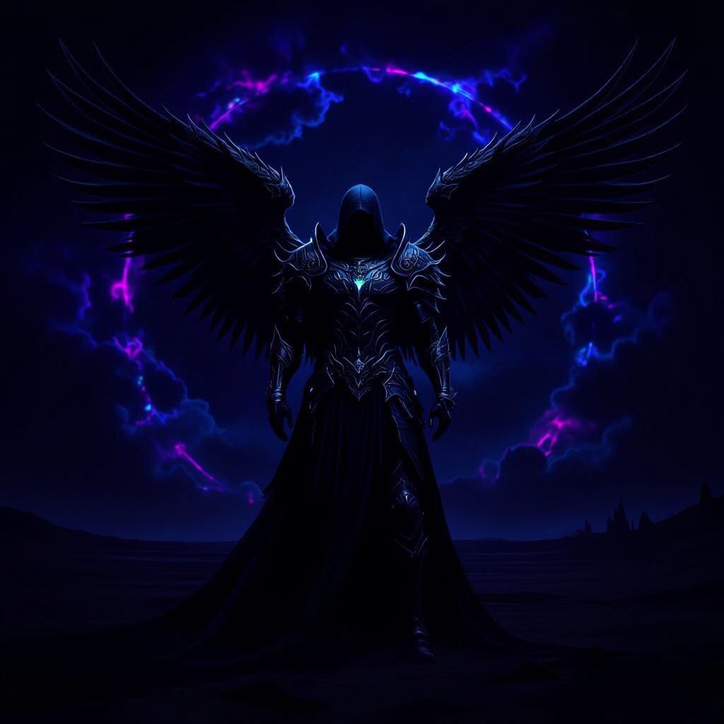 Fallen Angel in Obsidian Armor Amidst Storm
