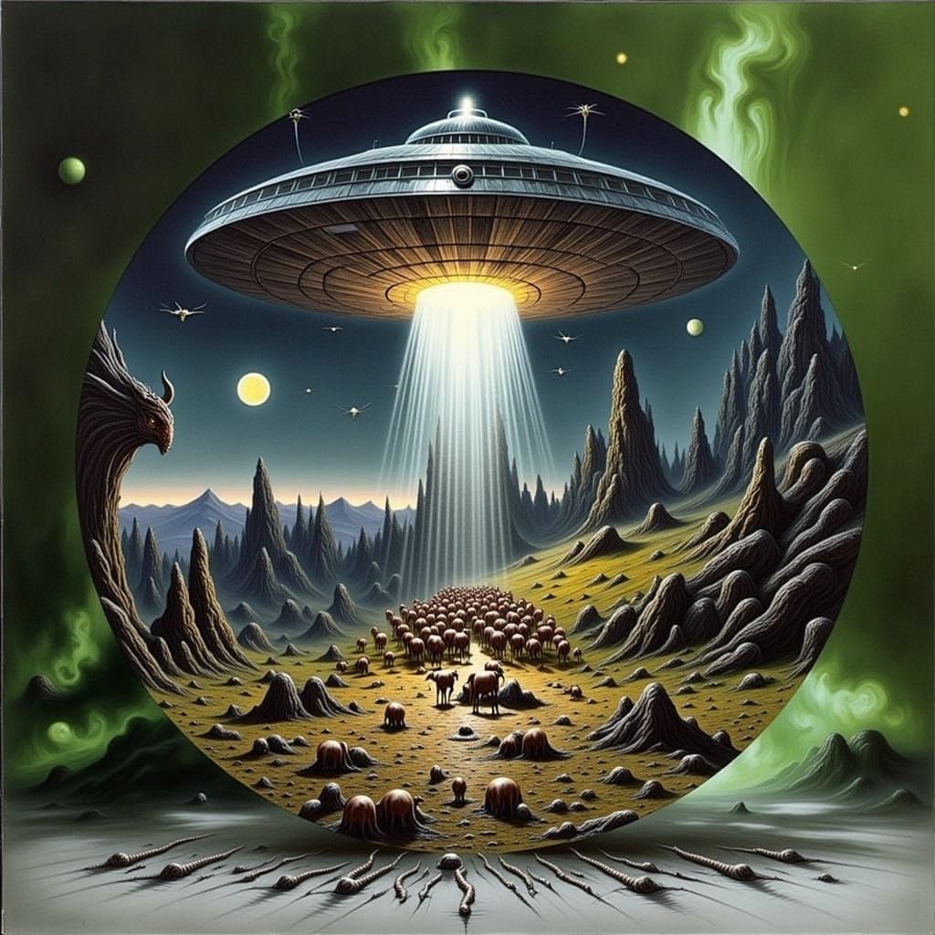 Biomechanical Cows Swarmed by Dark Sci-Fi Vessel