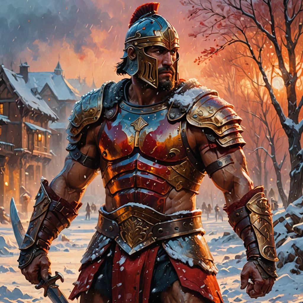 Gladiator in Snow: Vibrant Oil Painting with Red Armor