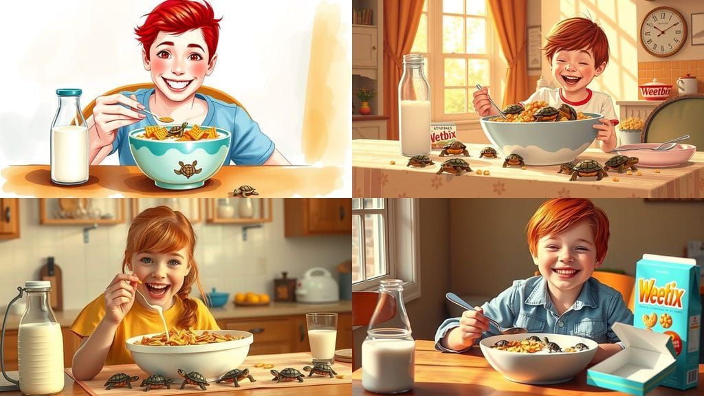 Quirky Morning Scene with Turtles on Weetbix and Happy Redhe...