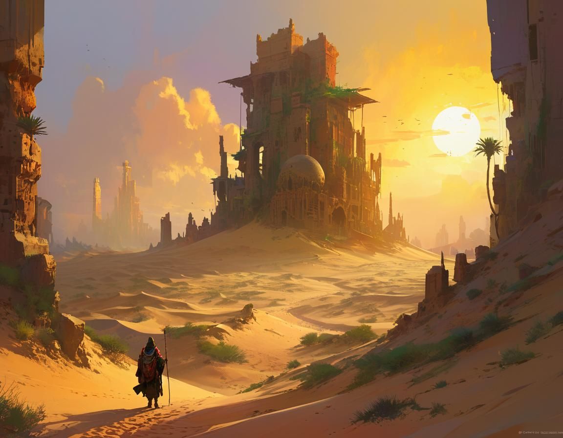 Epic Desert Landscape with Crumbling Statues
