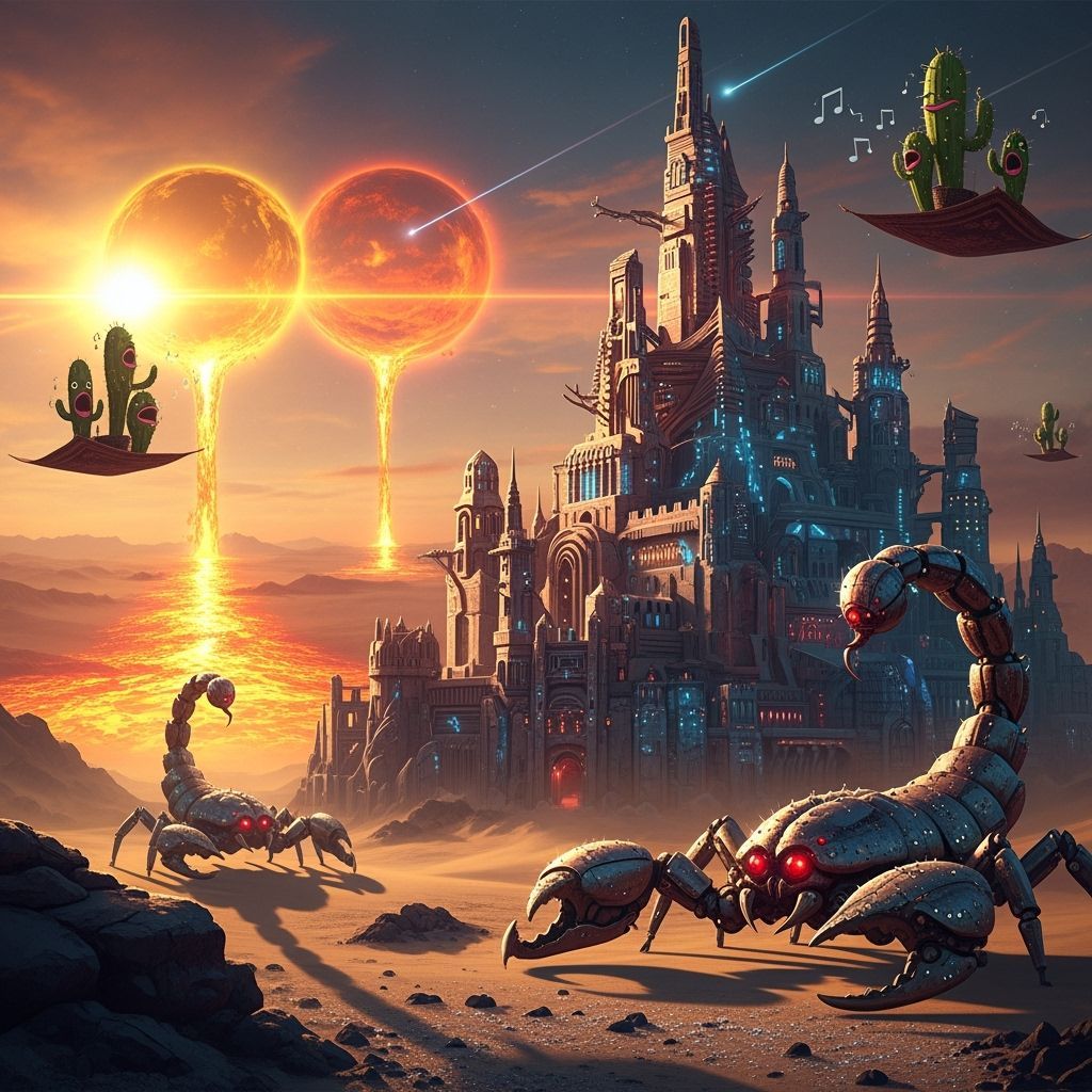 Iridescent Desert Castle with Mechanical Guardians